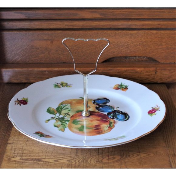 Porcelain Tidbit Plate Fruit Pattern Gold Trim 9 3/4"  MZ Czechoslovakia - Picture 1 of 4